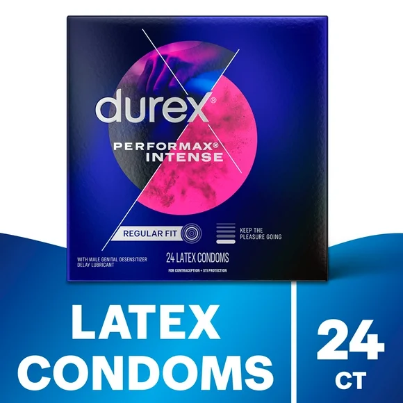 Durex Performax Intense Condoms, Ultra Fine, Ribbed, Dotted with Delay Lubricant Natural Rubber Latex Condoms for Men, FSA & HSA Eligible, 24 Count