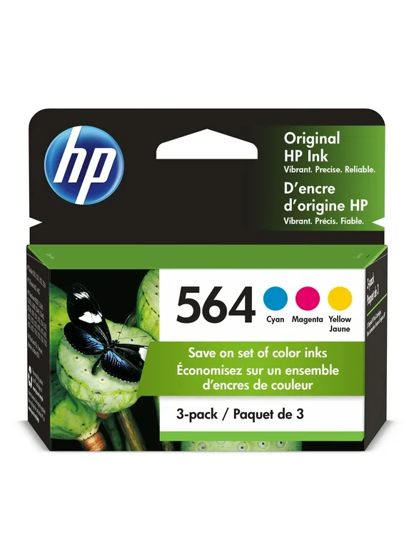 HP 564 Ink Cartridges - Cyan, Magenta, Yellow, 3 Cartridges (N9H57FN)