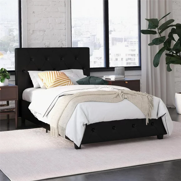 River Street Designs Dakota Upholstered Platform Bed, Twin Size, Black Faux Leather