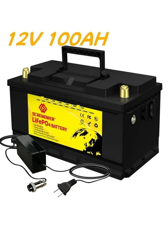 LiFePO4 Battery 12V 100Ah, SCREMOWER 15000 Deep Cycles Lithium Iron Battery with 100A BMS for Campers RV Solar Golf Carts, Backup Power,Trolling Motor,4S4P