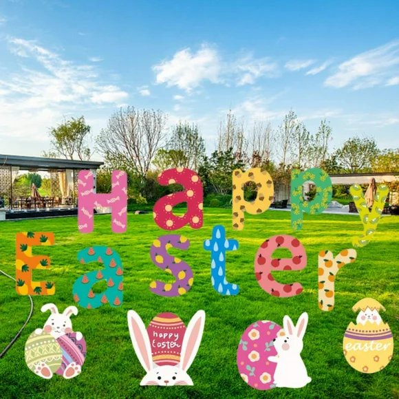 15Pcs Happy Easter Yard Signs Outdoor Decorations - Bunny Rabbits Chick Basket Lawn Garden Props with Stakes For Egg Hunt Party Supplies Decor