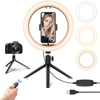 10.2'' Ring Light with Tripod Stand & Phone Holder & Remote Control & 3 Light Modes & 10 Brightness Level, Dimmable LED Selfie Desk Ringlight for Live Streaming Youtube Photography Shooting Makeup