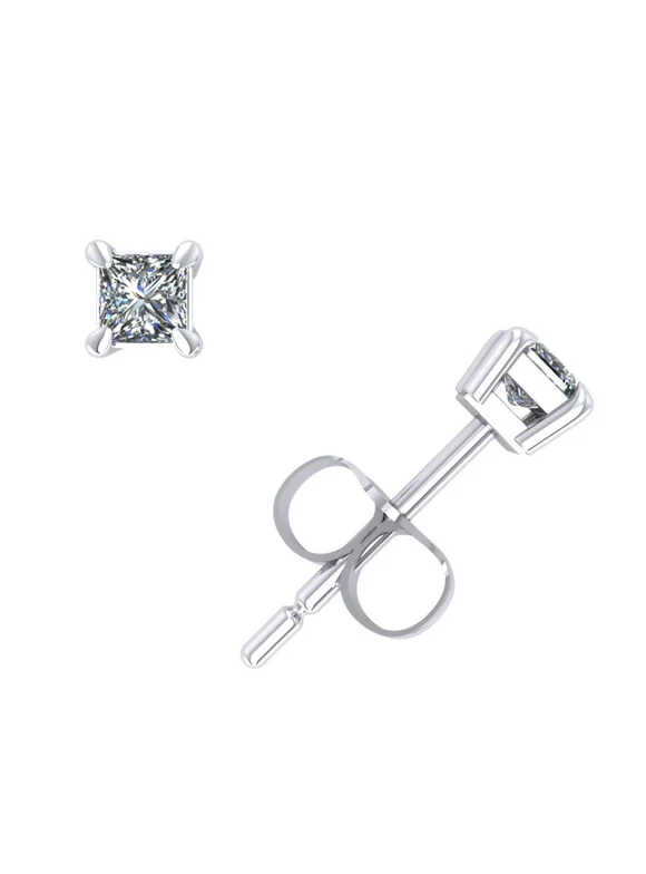 0.10Ct Princess Cut Diamond Solitaire Stud Earrings 14k White Gold Prong K I2