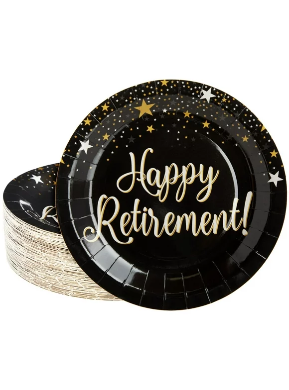 80 Pack Happy Retirement Paper Plates for Party Supplies, Star Design, Black (9 in)