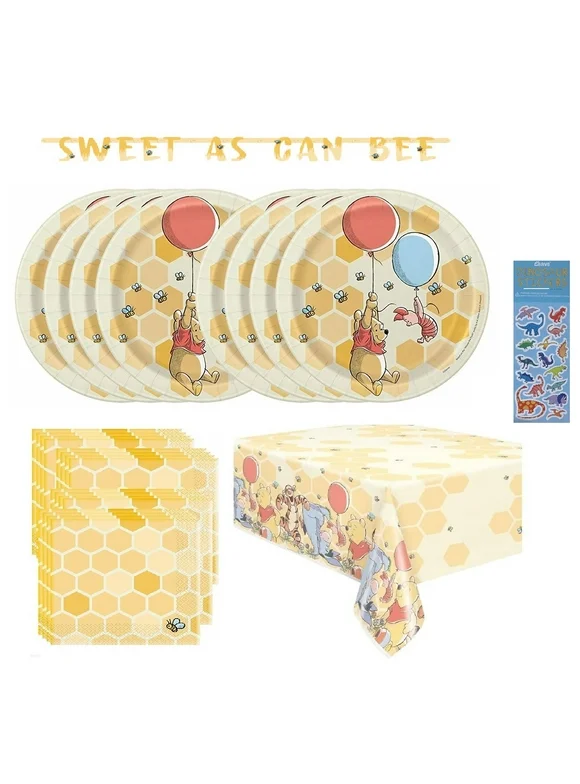 Winnie the Pooh Birthday Baby Shower Party Supplies Bundle includes 16 Dessert Cake Paper Plates, 16 Lunch Paper Napkins, 1 Plastic Table Cover, 1 Celebration Banner 5ft Long, 1 Dinosaur Sticker Sheet