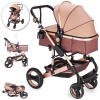 VEVOR 2 in 1 (Rose Gold) Portable Baby Carriage Stroller - Anti-Shock Springs, Foldable, Adjustable High View, Pram Travel System, Infant Carriage Pushchair