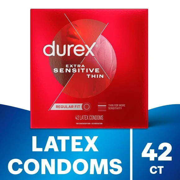 Durex Extra Sensitive Condoms, Ultra Thin, Lubricated Natural Rubber Latex Condoms for Men, FSA & HSA Eligible, 42 Count