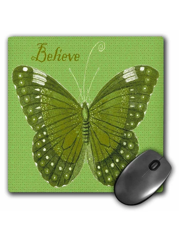3dRose Pretty Green Patterned Butterfly With The Word Believe - Mouse Pad, 8 by 8-inch (mp_65842_1)