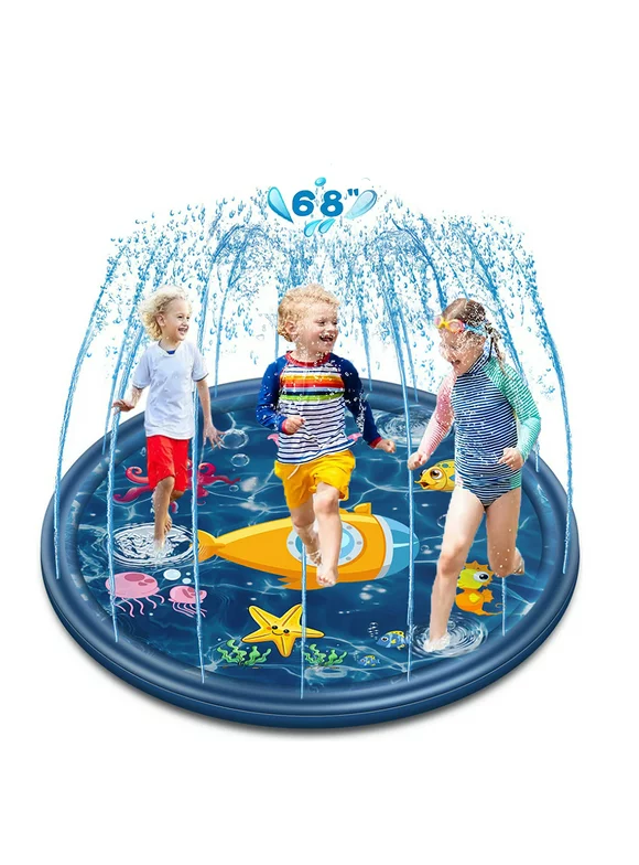 Splash Pad Sprinkler for Kids, Y2Konexi 68" Outdoor Backyard Toys Wading Pool, Dog Sprinkler Pool, Inflatable Water Summer Toys Play Mat for Babies & Toddlers - Navy Blue