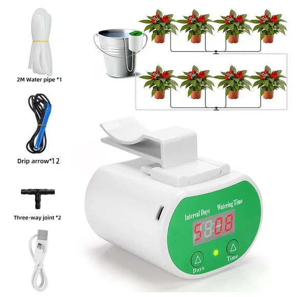 Automatic Watering System, 2 Watering Modes Automatic Drip Irrigation Kits with Timer LED Display & USB Power Self Watering Devics for Indoor and Vacation Potted Plant Watering