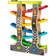 Toy To Enjoy Wooden Racer Ramp Toy with 7 Car Ramps, 1 Parking Garage & 8 Mini Cars  Wood Race Track for 1, 2, 3 Toddlers, Boys & Girls  Educational Vehicle Toys