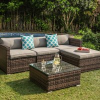 COSIEST 5-Piece Outdoor Furniture All-Weather Mottlewood Brown Wicker Sectional Sofa w Warm Gray Thick Cushions, Glass-Top Coffee Table, 2 Teal Pattern Pillows Incl. Waterproof Cover, Clips