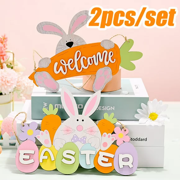 Cheer US 2Pcs/Set Easter Bunny and Eggs Wood Sign Welcome Rabbit Shaped Hanging Sign Happy Easter Wood Decor with Rope for Easter Garden, Kitchen, Room Decorations