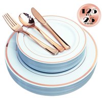 JL Prime 125 Piece Rose Gold Plastic Plates & Cutlery Set, Heavy Duty Disposable Plastic Plates with Rose Gold Rim & Silverware, 25 Dinner Plates, 25 Salad Plates, 25 Forks, 25 Knives, 25 Spoons