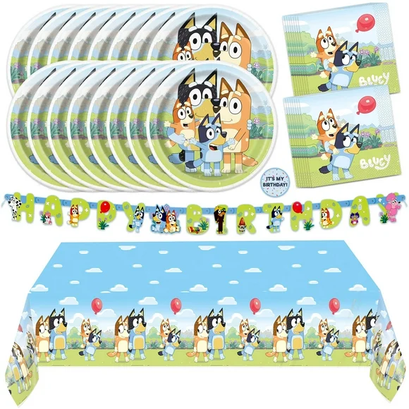 Bluey Birthday Decorations | Bluey Birthday Party Supplies for 16 | Banner, Tablecloth, Plates, Napkins, Sticker