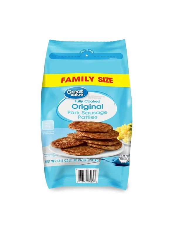 Great Value Fully Cooked Original Pork Sausage Patties, Family Size, 35.6 oz (Frozen)