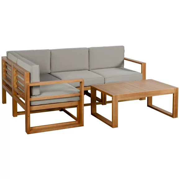 Outsunny 4 Seater L Shaped Patio Furniture Set, Wood Outdoor Sectional Sofa Conversation Set with Coffee Table and Cushions for Garden, Backyard, Porch and Poolside, Grey