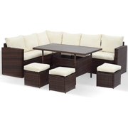 7 Pieces Outdoor Sofa Set, Wicker Rattan Patio Sectional Furniture Sets, Wicker Sectional Patio Set, Patio Dining Furniture with Table&Chair, White