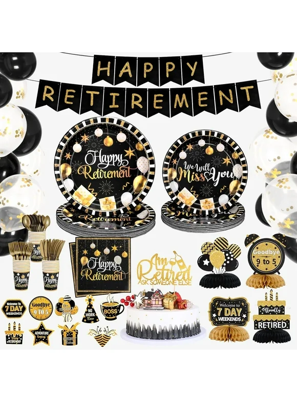 Waipfaru 247 PCS Retirement Party Supplies with Plates, Napkins, Cups, Knives, Forks, Spoons Black Disposable Dinnerware Set Serves 24 Guests