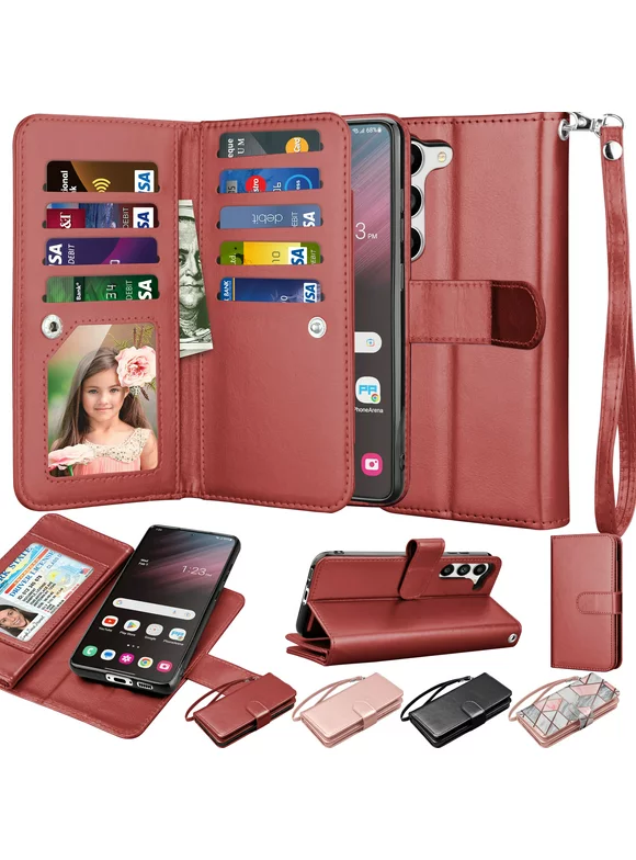 Galaxy S23/S23 Plus/S23 +/S23 Ultra 5G Wallet Case,Samsung Galaxy S23 Plus PU Leather Case,Njjex Luxury Leather [9 Card Slots Holder] Carrying Folio Flip Cover [Detachable Magnetic Hard Case]-Wine Red