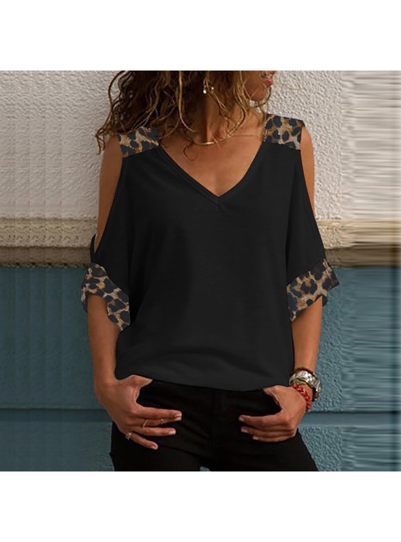 Levmjia Fashion Women's Plus Size Tops Discount Women Casual Leopard Print Short Sleeve V-neck Cold Shoulder Shirt Blouse Tops