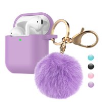 Airpods Case Silicone, Airpods 1st Case Fur Ball, Njjex Cute AirPods Silicon Case with Airpods Accessories Gold Keychain/Skin/Pompom (Front LED Visible) -Purple