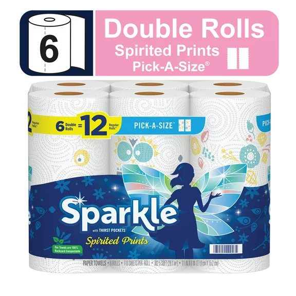 Sparkle Pick-A-Size Paper Towels, Spirited Prints, 6 Double Rolls