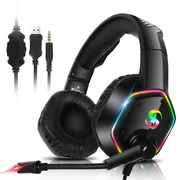 TSV Gaming Headset PC Headset with 7.1 Surround Sound, Over-Ear Headphones with Noise Canceling Mic & RGB Light & Adjustable Headband, for PS4, Xbox One, Nintendo Switch, Laptop, Mac