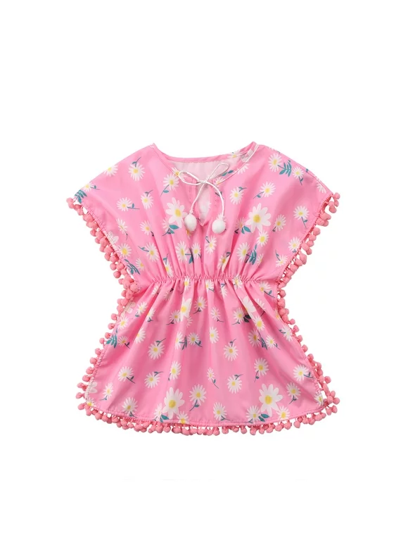 Baby Girls Beach Dress Flower Print Tassel Pompom Swimsuit Cover Up