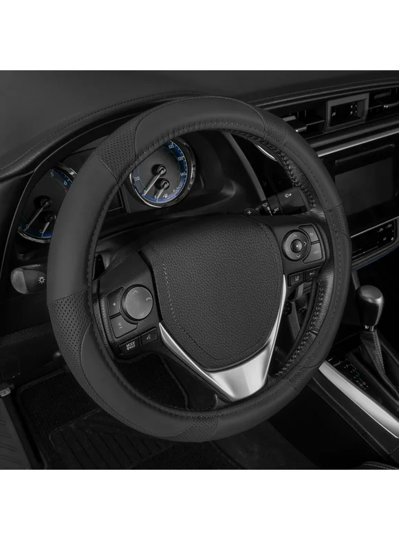 Motor Trend Odorless Black Classic Stitch Perforated Simulated Leather Steering Wheel Cover for Car SUV Van & Truck