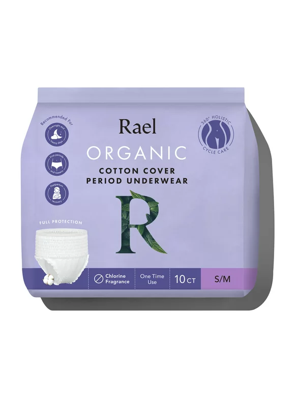 Rael Organic Cotton Cover Disposable Period Underwear for Postpartum and Heavy Flows,  S/M, 10 count