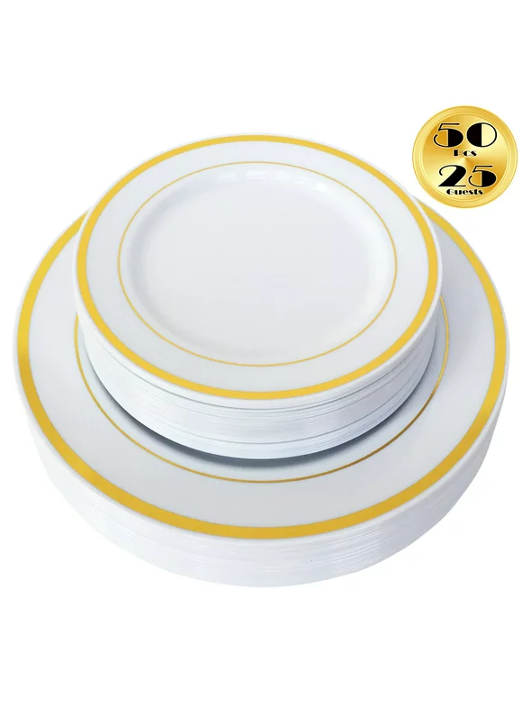 JL Prime 50 Piece Gold Plastic Plates Set, Re-usable Recyclable Plastic Plates with Gold Rim, 25 Dinner Plates, 25 Salad Plates, Great for Wedding, Anniversary, Rehearsal, Shower Events