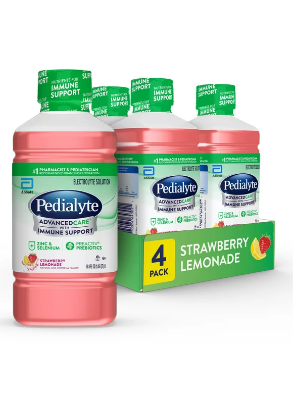 Pedialyte AdvancedCare Electrolyte Solution Strawberry Lemonade Ready-to-Drink 1.1 qt, 4 Count