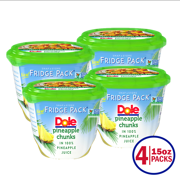 (4 Pack) Dole Fridge Pack Pineapple Chunks in 100% Juice, Resealable Containers, 15oz Tubs