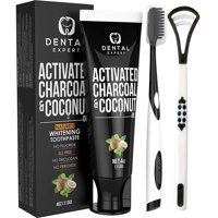 Dental Expert Activated Charcoal Teeth Whitening Toothpaste [Coconut Oil] Kids & Adults - Destroys Bad Breath - Natural Vegan Black Tooth Paste Whitener [FREE Charcoal Toothbrush & Tongue Cleaner]