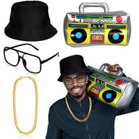 Hip Hop Rapper Costume Kit, Includes Inflatable Boom Box, Black Bucket Hat, Faux Gold Chain, Rapper Sunglasses for 80s/ 90s Costume Accessories