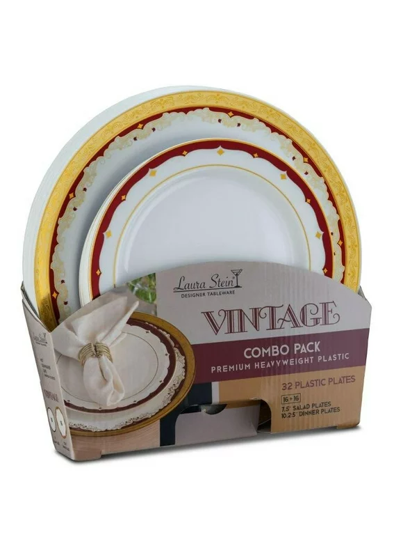 Vintage Collection Tableware Set of 32 White Party Plates w/Gold and Burgundy Border