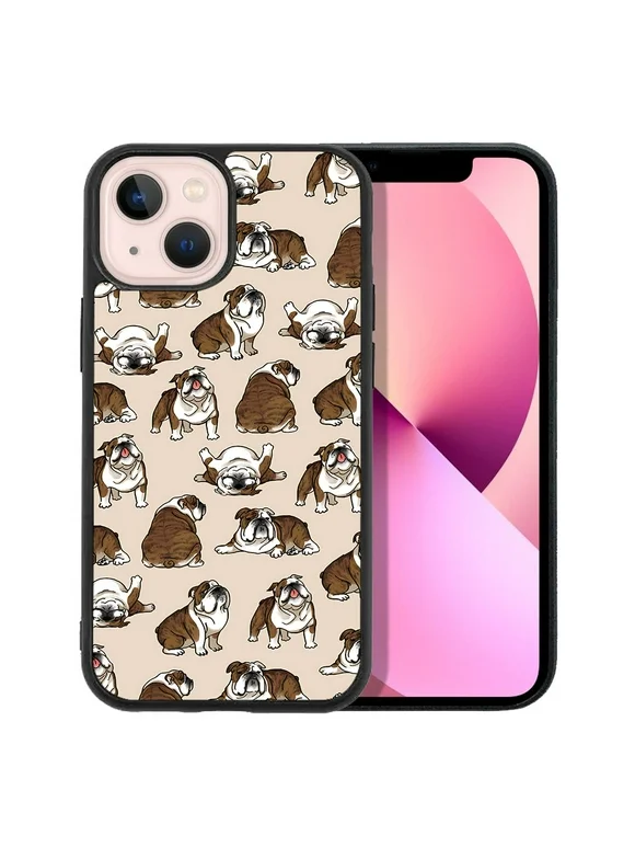 FINCIBO Soft Rubber Cover Case for Apple iPhone 13 mini 5.4" 2021 (NOT FIT iPhone 13 Pro 6.1"/iPhone 13 6.1"/iPhone 13 Pro Max 6.7" 2021), Brindle Brown English Bulldog Funny Playful Postures