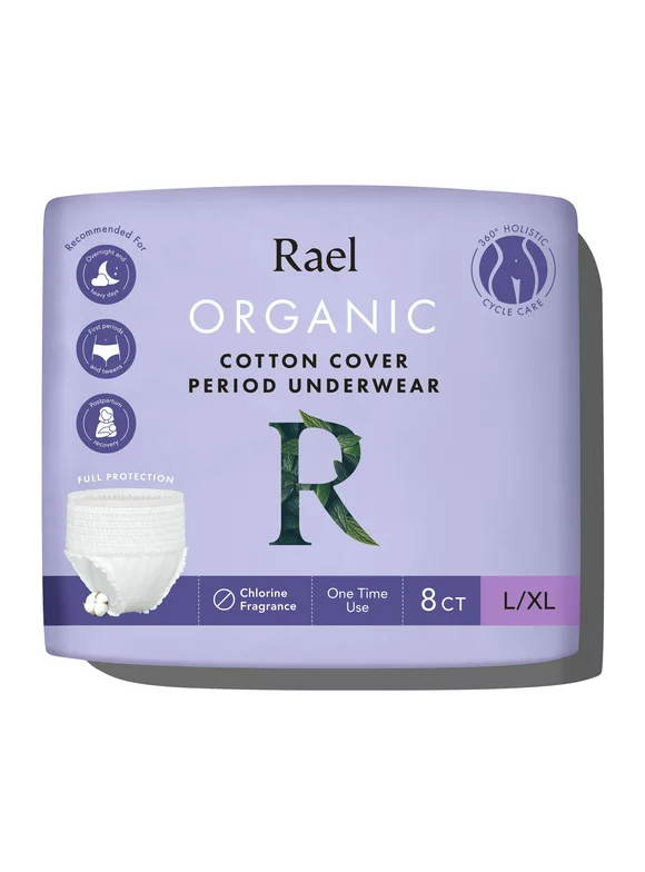 Rael Organic Cotton Cover Disposable Period Underwear for Postpartum and Heavy Flows, L/XL, 8 count