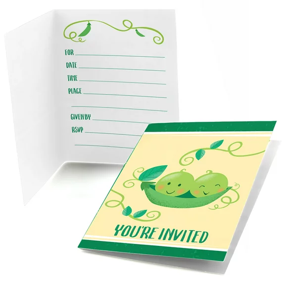 Double the Fun - Twins Two Peas in a Pod - Fill In Baby Shower or First Birthday Party Invitations (8 count)