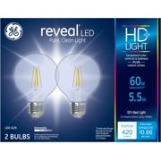 GE Lighting 31858 Clear Finish Light Bulb Dimmable LED Reveal HD G25 Decorative Globe 5.5 (60-Watt Replacement), 420-Lumen Medium Base, 2-Pack