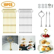 10Pcs 3 Tier Metal Cake Plate Stand Holder Centre Handle Rods Fittings Hardware Holder Kit Rod Stand Holder for Wedding, Party Deco - Golden/Silver