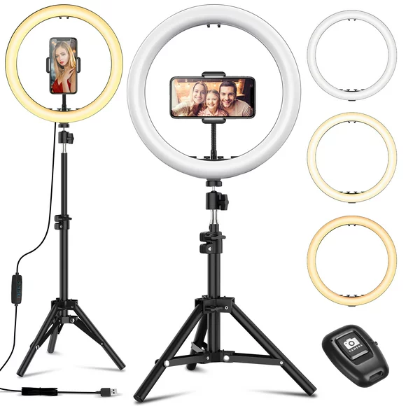 Selfie Ring Light with Black Tripod Stand 10-inch Dimmable Desktop Ringlight with DIY Ports, Circle Light LED Camera Lighting for Live Stream /Makeup, Compatible with iPhone Android