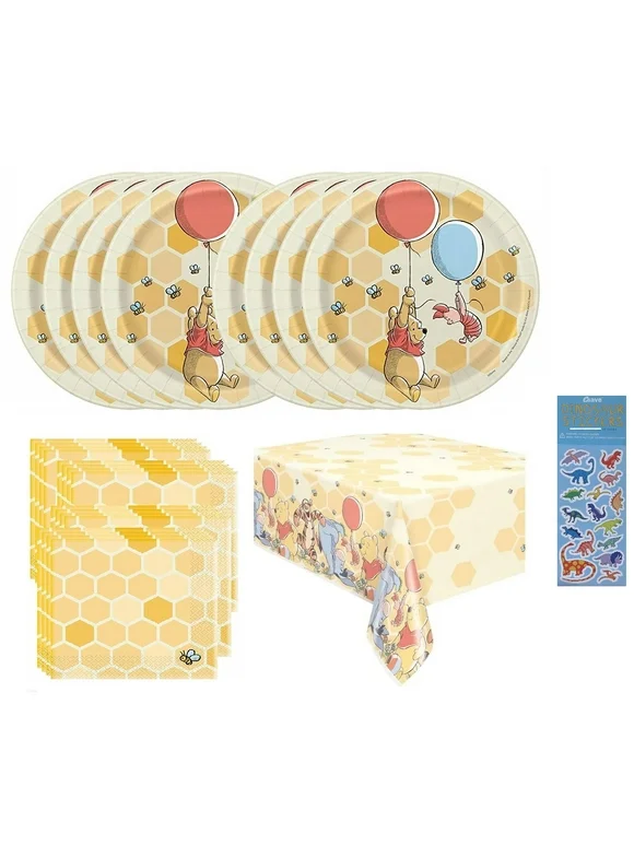 Winnie the Pooh Birthday Baby Shower Party Supplies Bundle includes 16 Lunch Paper Plates 9", 16 Lunch Paper Napkins 2-Ply 6.5", 1 Plastic Table Cover 54" x 84", 1 Dinosaur Sticker Sheet