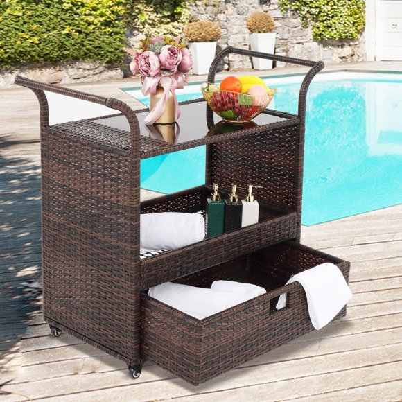 UBesGoo Outdoor Patio Rattan Serving Bar Cart w/ Glass Table with Drawer for More Storage Space, All Weather Wicker Cart with Wheel
