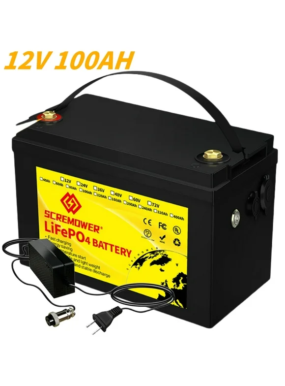 SCREMOWER LiFePO4 12V 100AH Lithium Iron Battery Built-in 100A BMS for RV, Golf Cart,Camping,Marine Battery