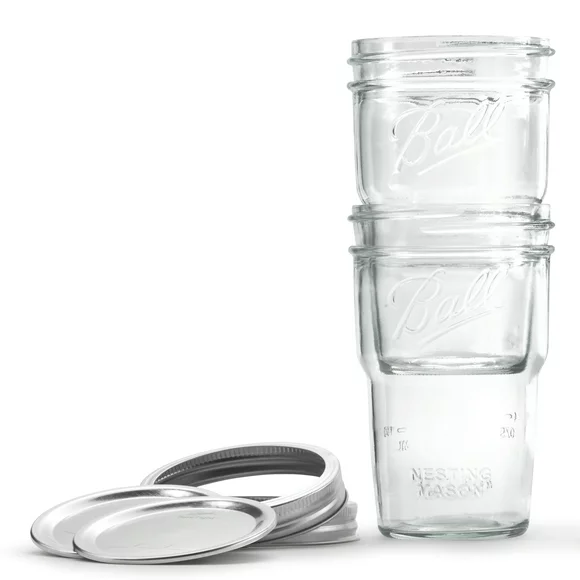 Ball Nesting Mason Jar Set with Lids & Bands for Canning or Drinkware, Wide Mouth, Pint, 4-Pack