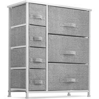7 Drawers Dresser - Furniture Storage Tower Unit for Bedroom, Hallway, Closet, Office Organization - Steel Frame, Wood Top, Easy Pull Fabric Bins Gray/White