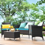 Gymax 4PCS Patio Rattan Conversation Furniture Set Outdoor w/ Turquoise Cushion