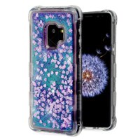 TUFF Series [Quicksand Waterfall] Flowing Liquid Floating Glitter Shockproof Case - (Purple Hearts) and Atom Cloth for Samsung Galaxy S9
